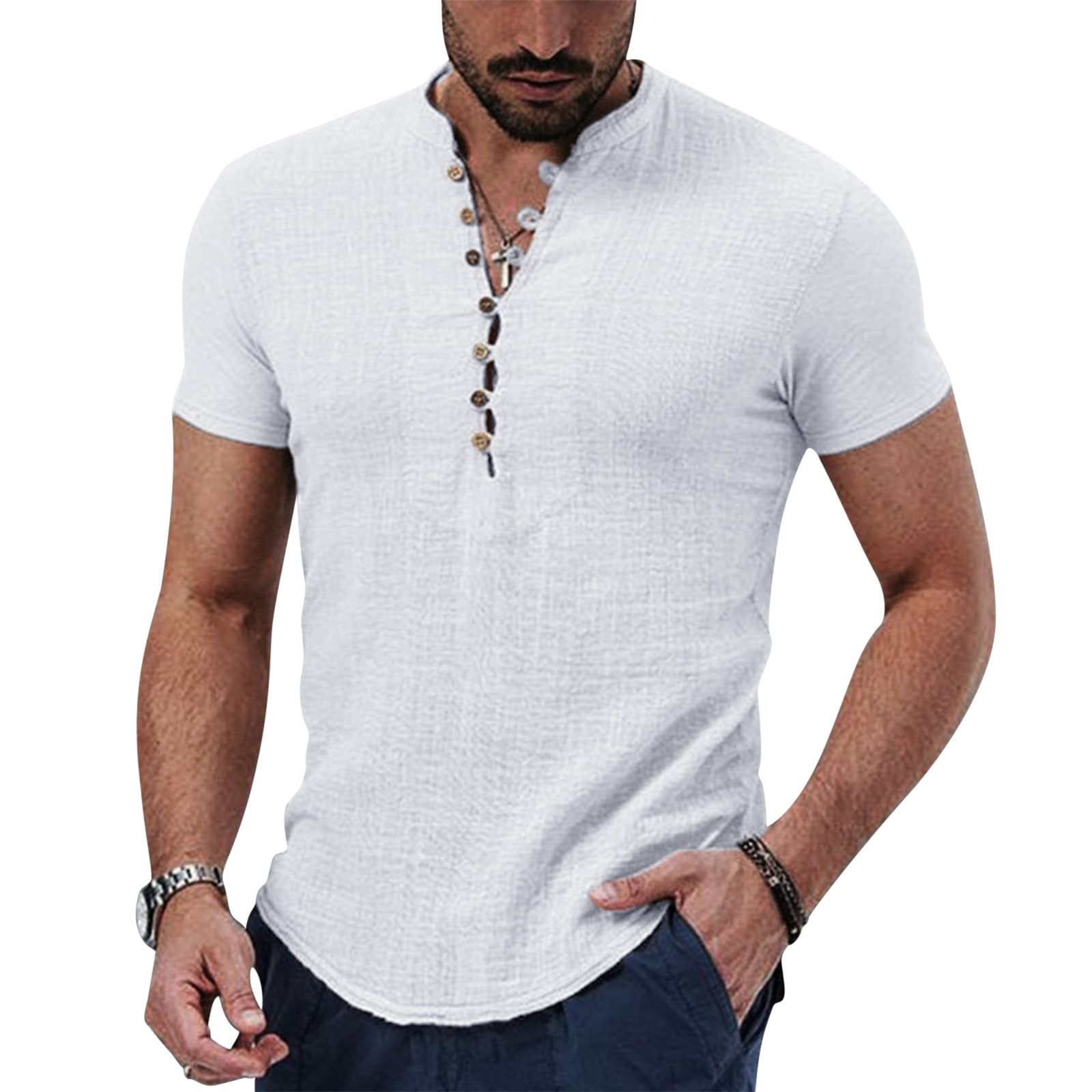 NIBESSER Camisa Lino Hombre Manga Corta Camisa Verano Hombre de Moda Camisa Slim Fit Hombre Casual con Botónes Henley Shirt Transpirable Color Sólido para Vacaciones Mar Playa