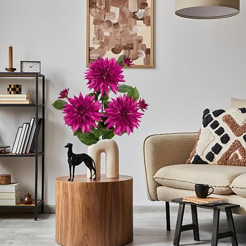 Miniatura 4 de 3 piezas de flores artificiales de dalia de 29.5 pulgadas, flores artificiales de seda con tallo largo, ramos de dalias artificiales para bricolaje,