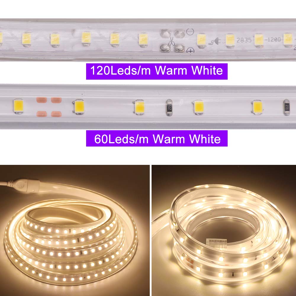 XUNATA Striscia LED con Interruttore, 220V 2835 120 LED/m Aggiornata, IP65 Impermeabile Flessibile Striscia a LED Moderno (18m, Bianco Caldo)