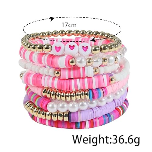 Colorful Bling 5-12Pcs Bohemian Love Heart Bead Bracelets For Women Vinyl Disc Heishi Surfer Stackable Stretch Bracelet Summer Beach Boho Jewelry-8Pcs Purple Pearl thumb #4