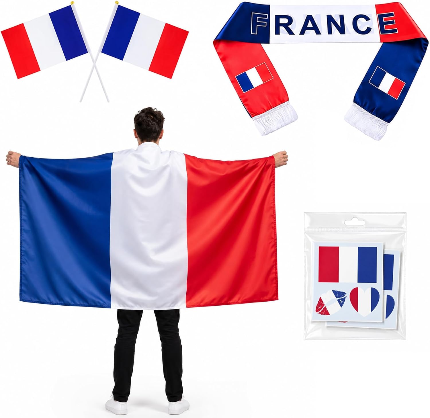 Kit supporter France 6 pièces (écharpe, cape, drapeaux)