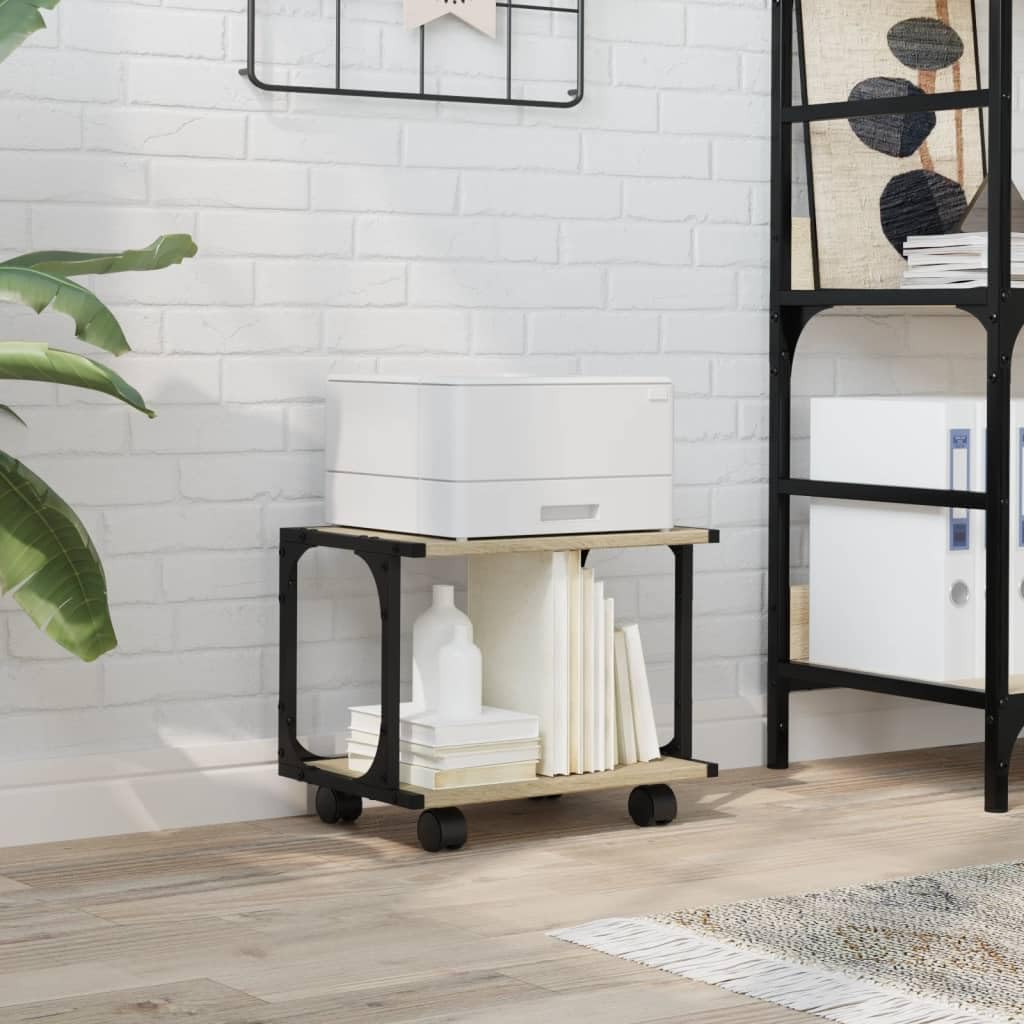 Druckerständer Sonoma-Eiche mit 2 Ablagen und 4 Rollen, 41x28x33,5 cm, fahrbarer Büro Organizer mit Stauraum und Ablage, mobiler Druckerwagen für Homeoffice und Arbeitszimmer