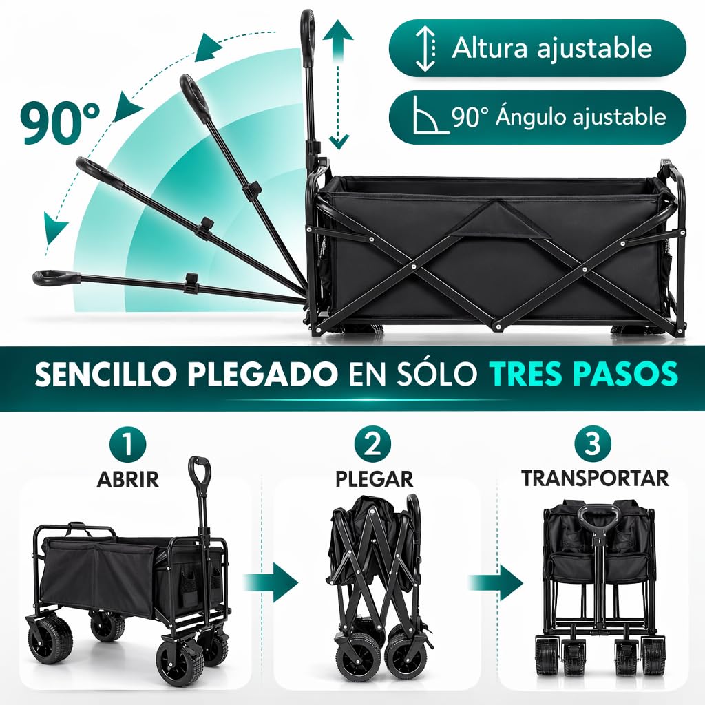 Carro de Mano Plegable con Ruedas Grandes Todoterreno | Carrito Multiusos Ideal Playa, Compra, Jardín o Camping | Carga hasta 150kg | Asa Ajustable | Auxiliar | Transporte de Herramientas o Juguetes — view 4