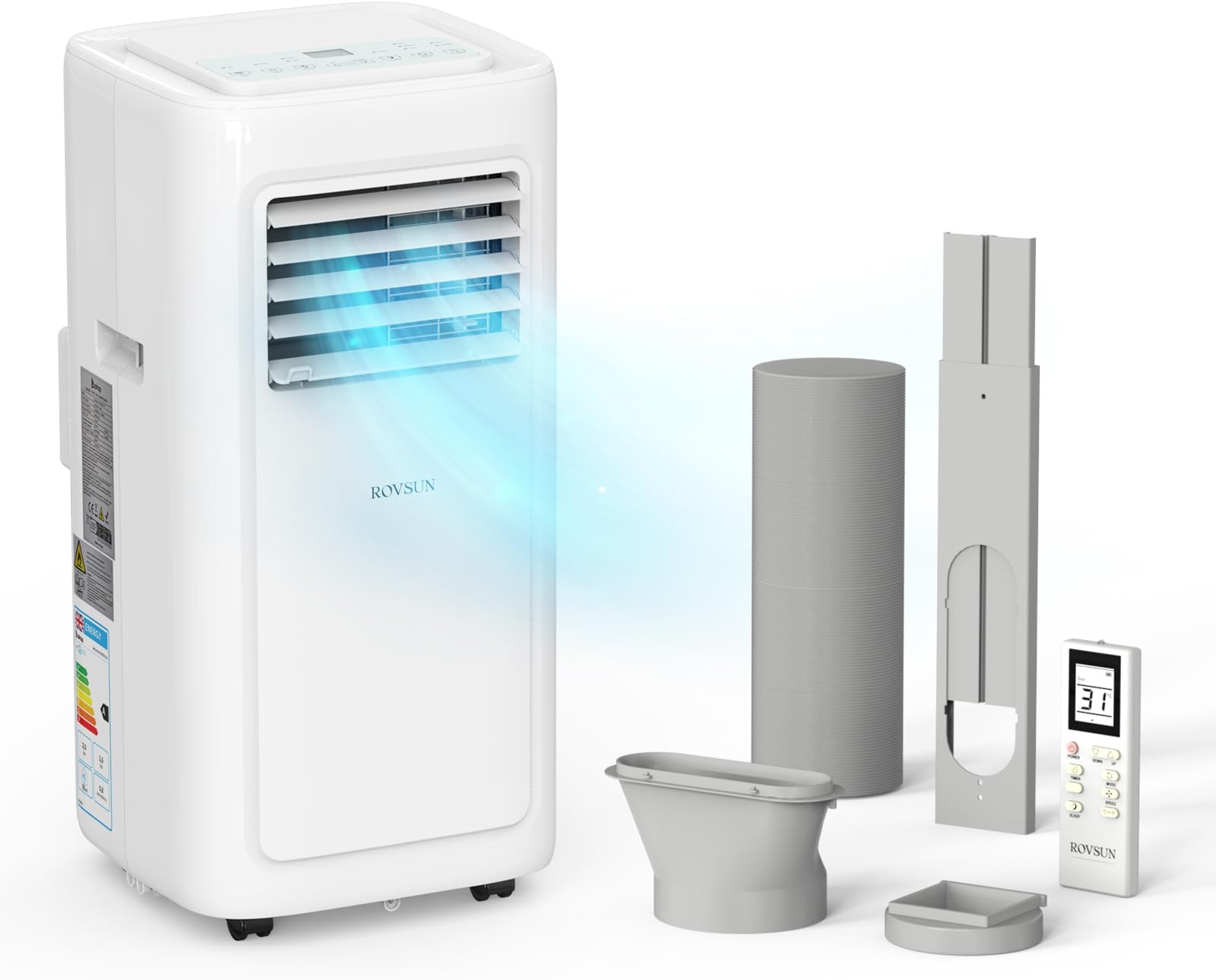 8000BTU Portable Air Conditioner, 4-in-1 Air Conditioning Unit, Dehumidifier, Sleep Mode, Fan with 2 Speeds - Remote Control and Digital Display, 24H Timer, with 400cm Window Seal kit