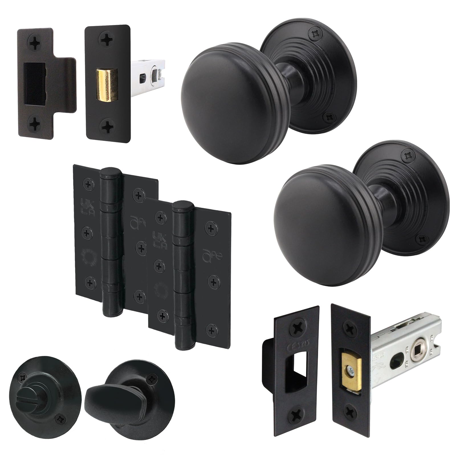 EAI Matt Black Door Knobs with Latch and Deadbolt, Hinges, 1 Pack - Lined