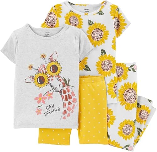 Carter's Pijama de algodón de 4 piezas para bebé niña (5T, girasol, jirafa), Amarillo