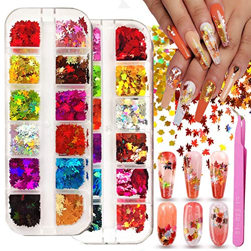 24 Boxes Colored Maple Leaf Holographic Nail Sequins, Kalolary Leaf Sequins Laser Nails Art Glitters, for Halloween/Thanksgiving/Christmas Nail DIY Manicure Decals Decoration