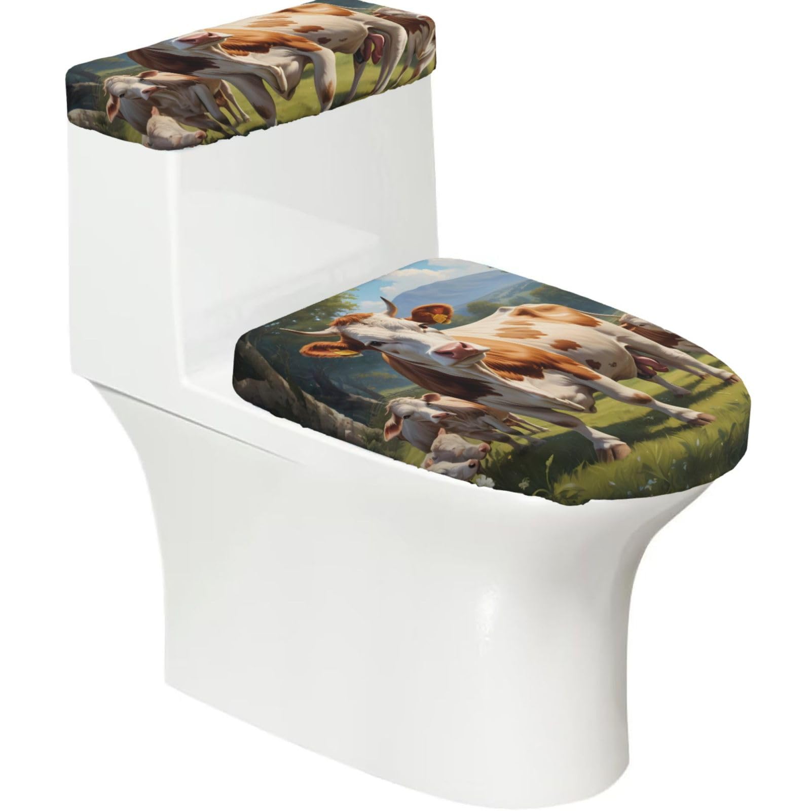 Wzycwb Black Pasture Cows 2-Piece Toilet Seat Cover Set With Tank Lid, Elastic Fit For U-Shape & Elongated Toilets, Bathroom Decor, Housewarming Gift