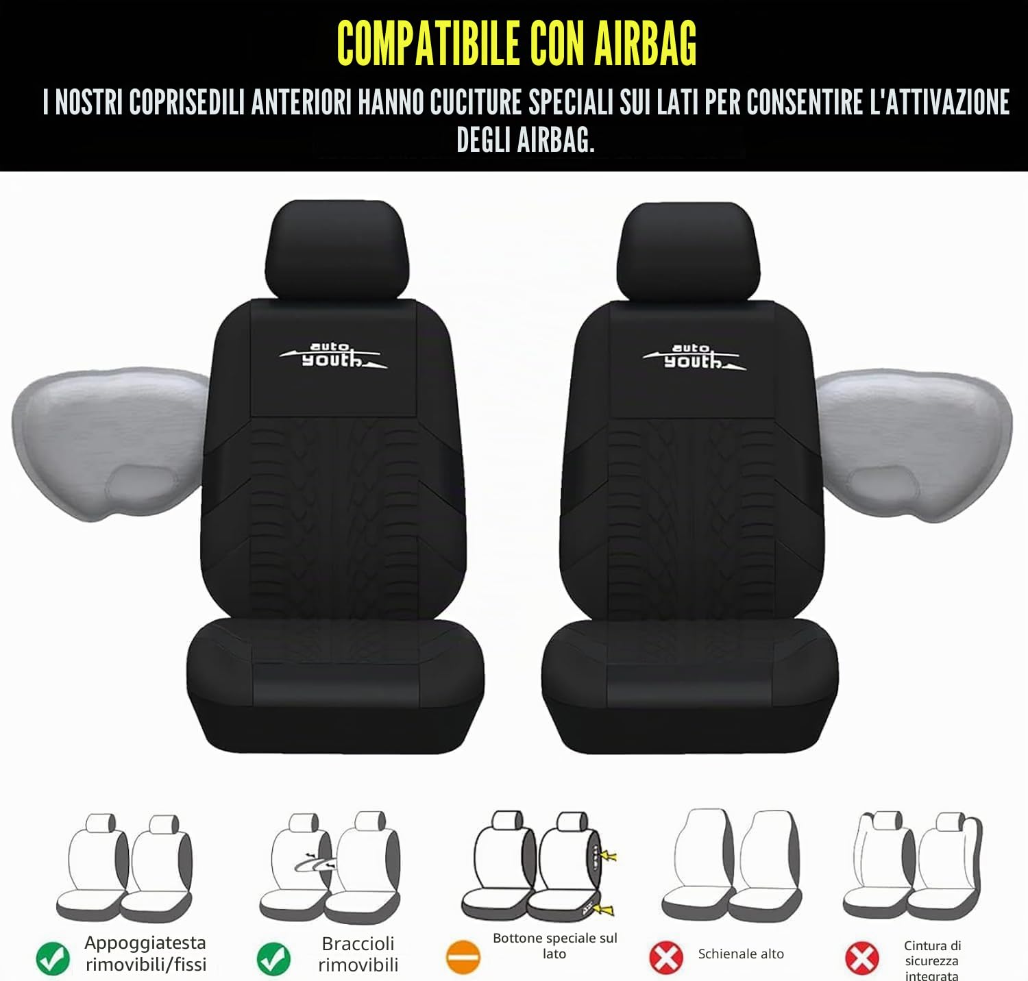 AUTOYOUTH Copri Sedili Auto Universali, Compatibile con Airbag Laterale, Nero