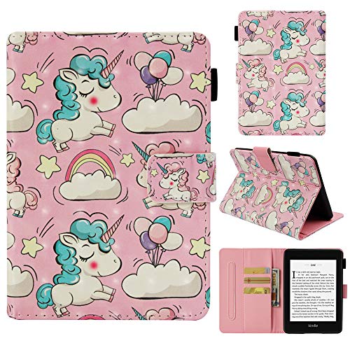 LuckyW PU Funda para Kindle Paperwhite 4 [Resistente a los arañazos, a Prueba de Polvo, a Prueba de Golpes, Anti-Huella Dactilar] Billetero Monedero Paquete Caja Plana-Unicornio Rosa