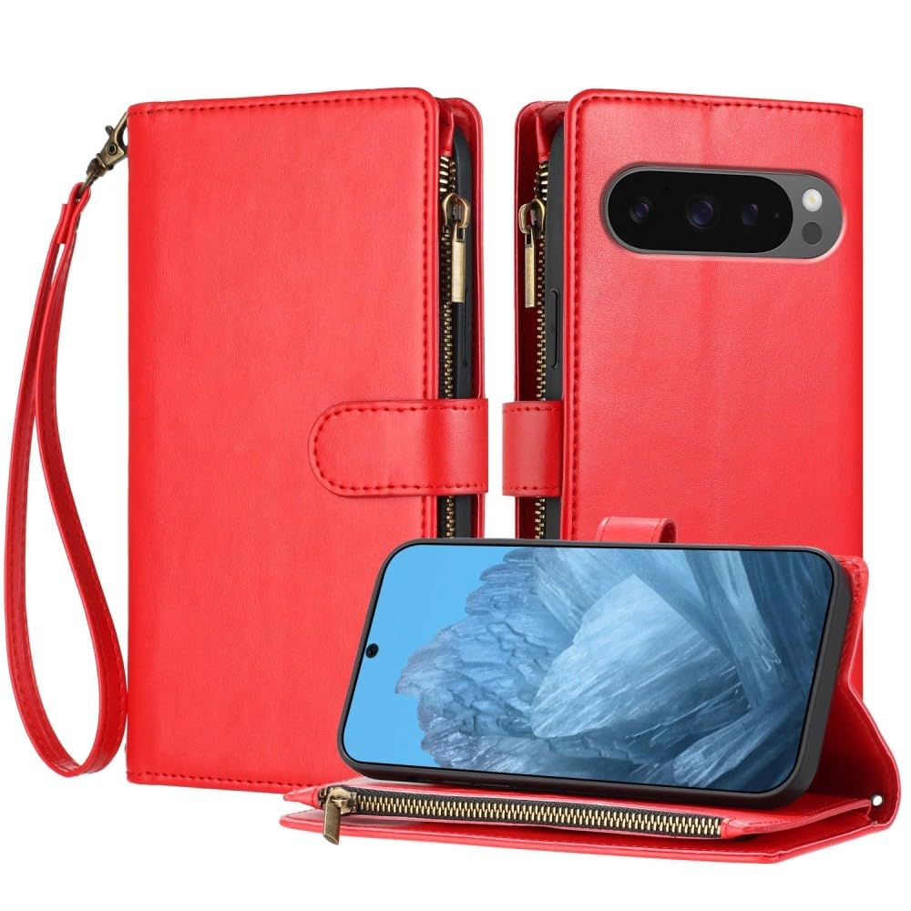 Protection Google Pixel 10 Pro 5G étui portefeuille rouge zippé en cuir rabat - 8