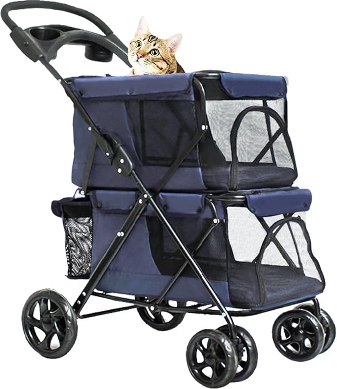 WINGOFFLY Passeggino a 4 ruote a doppio ponte per cani e gatti con portabicchieri (blu navy