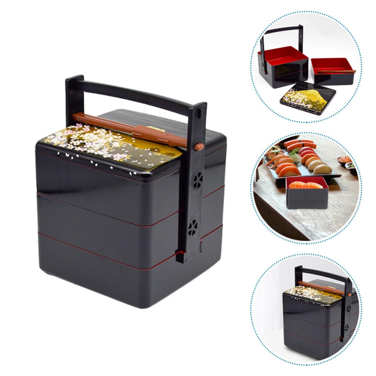 Boîte à Lunch Bento Japonaise en Abs Noire Réutilisable Design Pratique à Trois Niveaux, pour Pique-niques et Rangement des Aliments