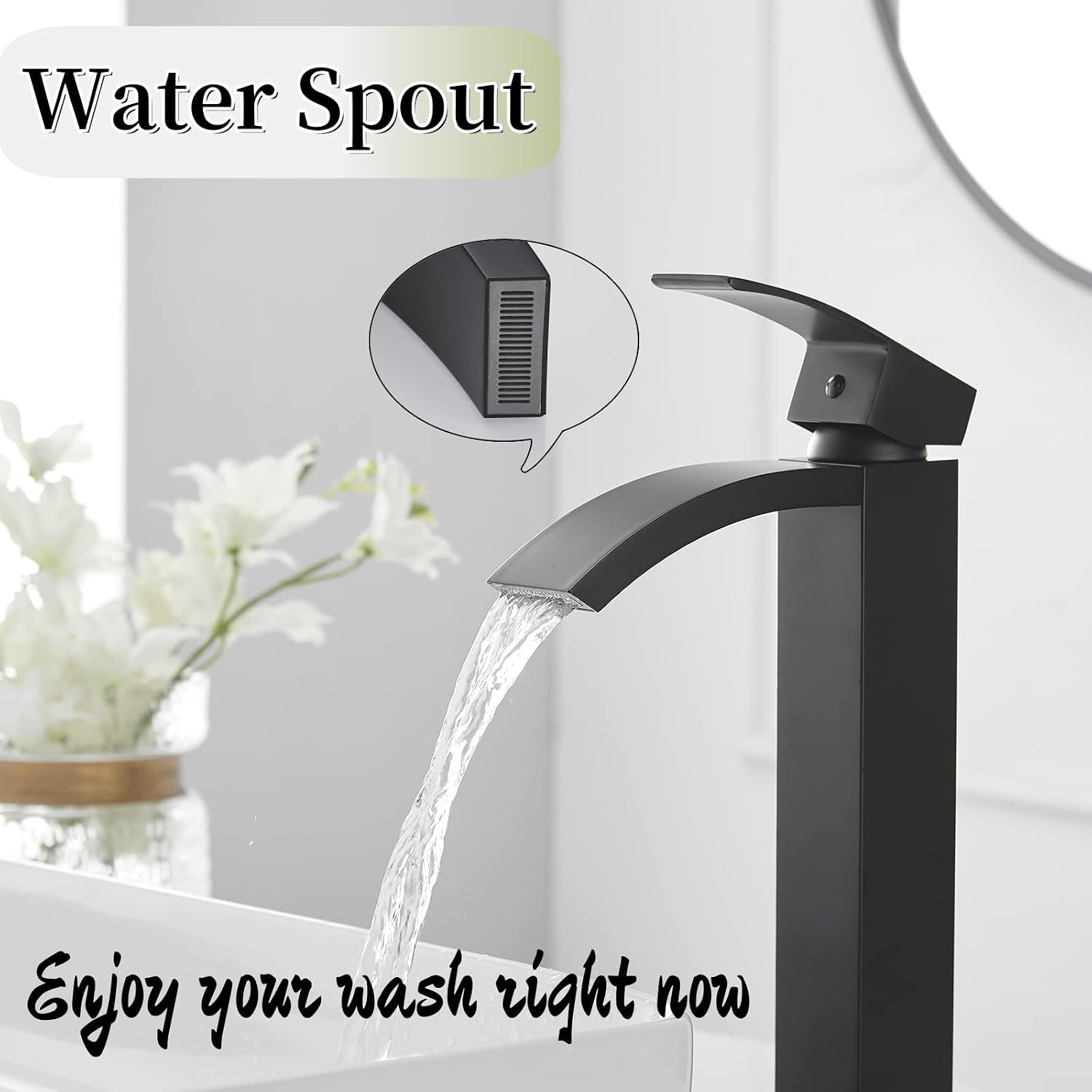 Vessel Sink Faucet Matte Black Tall Spout Waterfall Single Handle Bathroom Faucets 1 Hole Deck Mount Commercial Basin Brass Mixer Tap Supply Line