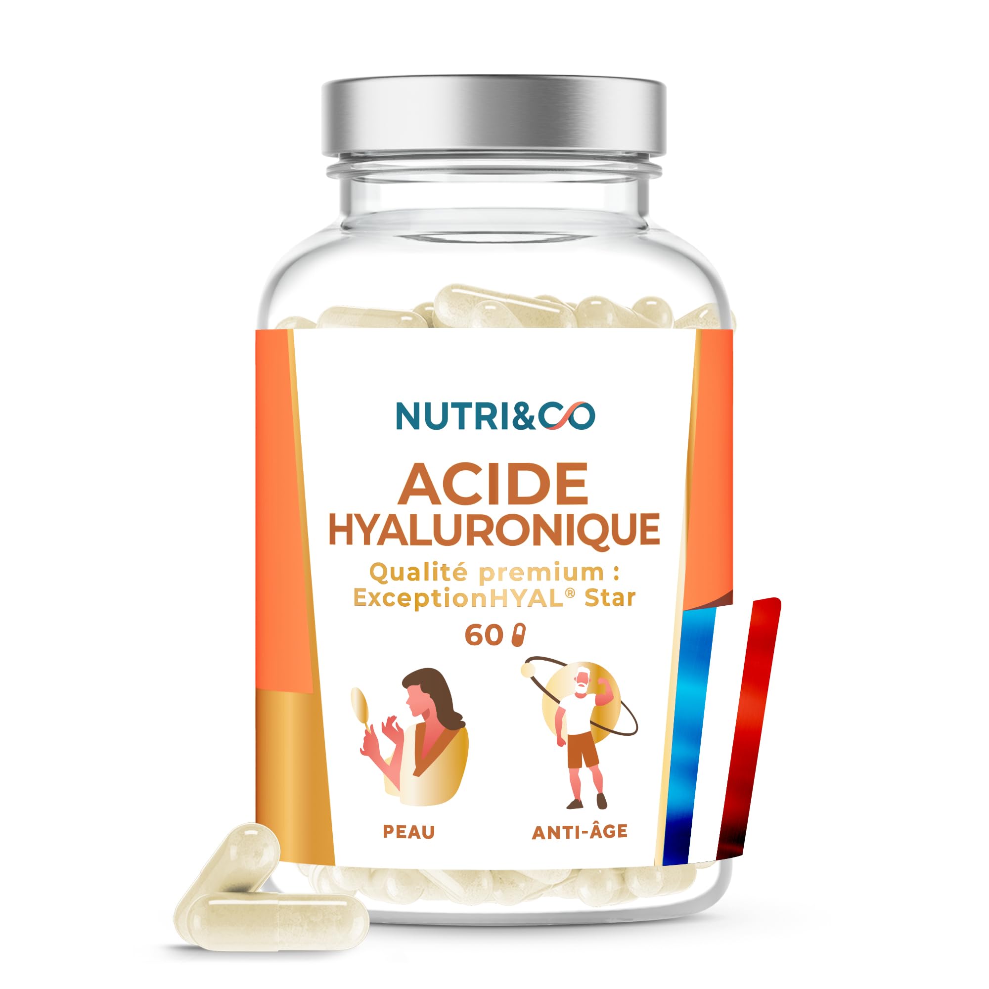 NUTRI & CO Acide Hyaluronique - Formule Anti-​Age & Anti-​Rides Efficace - Hydrate en Profondeur - Hydratation et Élasticité de la Peau - 60 gélules Vegan Made in France