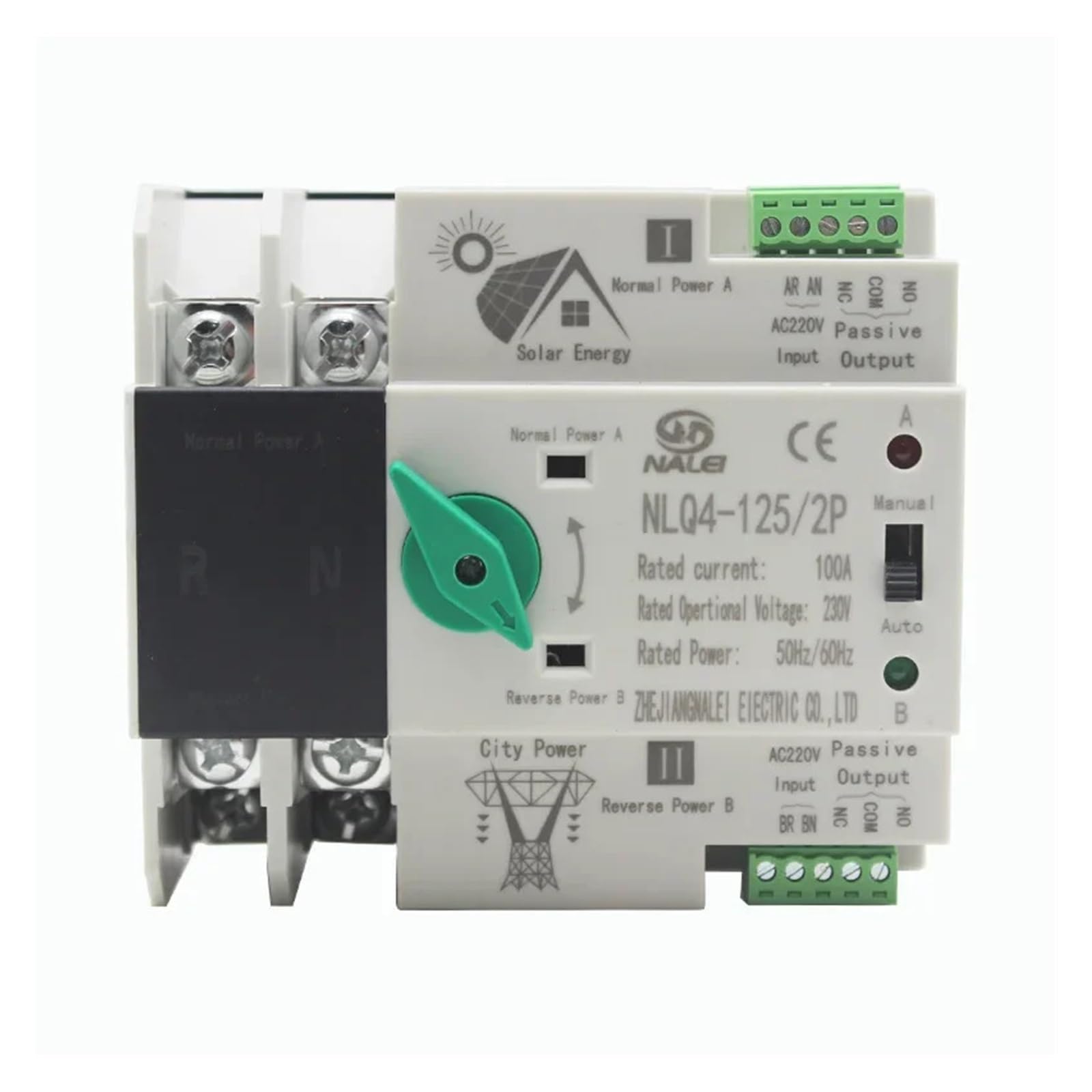 Fuente de alimentación Inversor fotoico de 230V, modelo de conmutación de potencia continua, Doble potencia, interruptor de conversión automática NLQ4-125/2P 63A 100A 16A-125A(2P 100A)