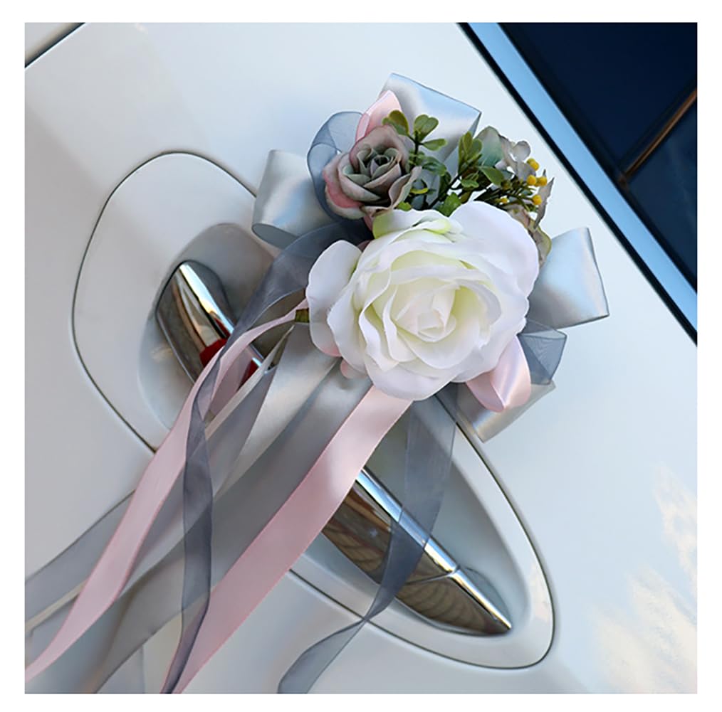 Qiantull 2 unidades de flores de seda para coche, tirador de puerta de coche, espejo retrovisor, rosa artificial, lazo, decoración de boda, iglesia, coche de boda, fiesta, gris y blanco, 2 unidades