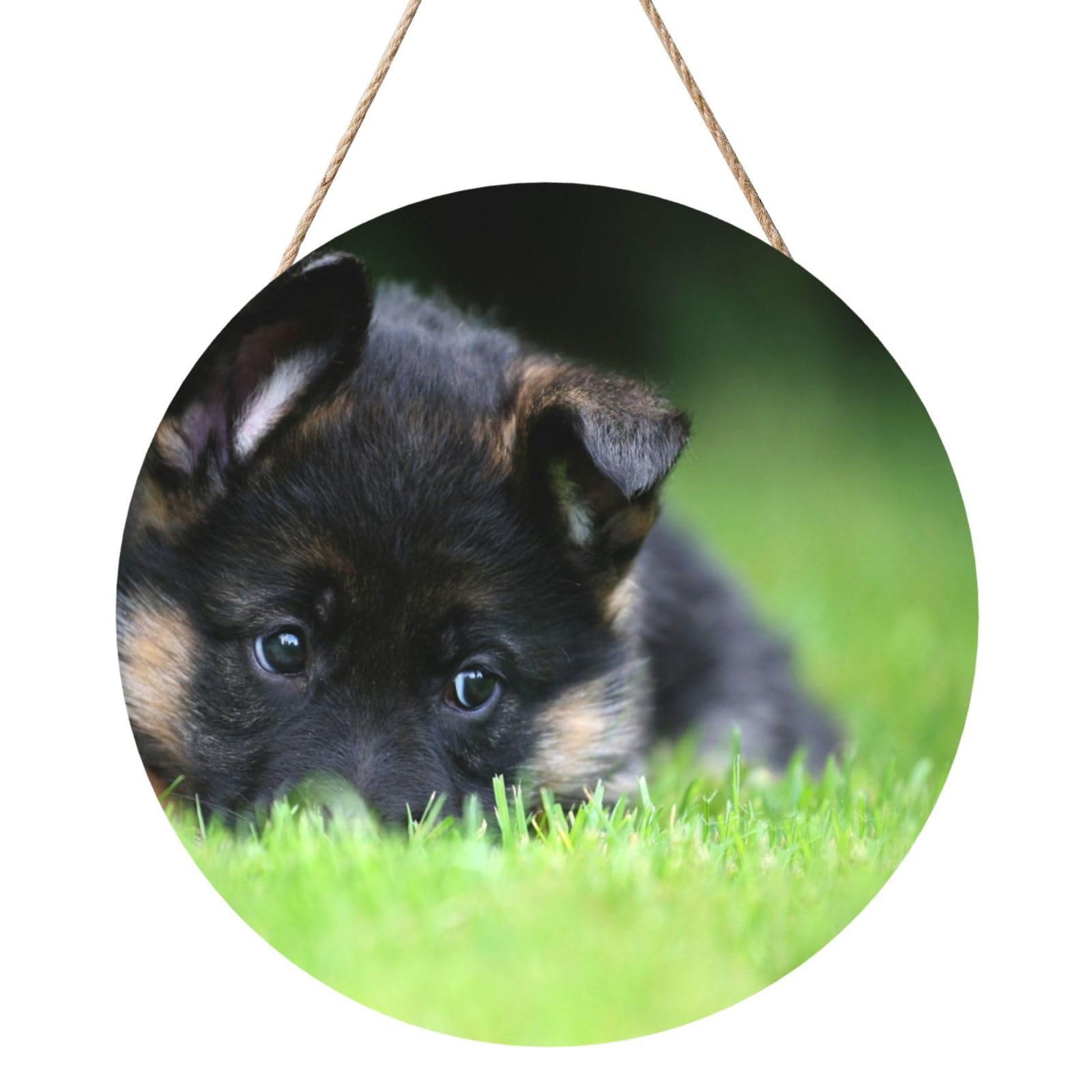 InOmak German Shepherd Puppy Pets Lawn Bokeh Dogs, Round Wood Panel Painting 12 in, Wall Hanging Painting For Home