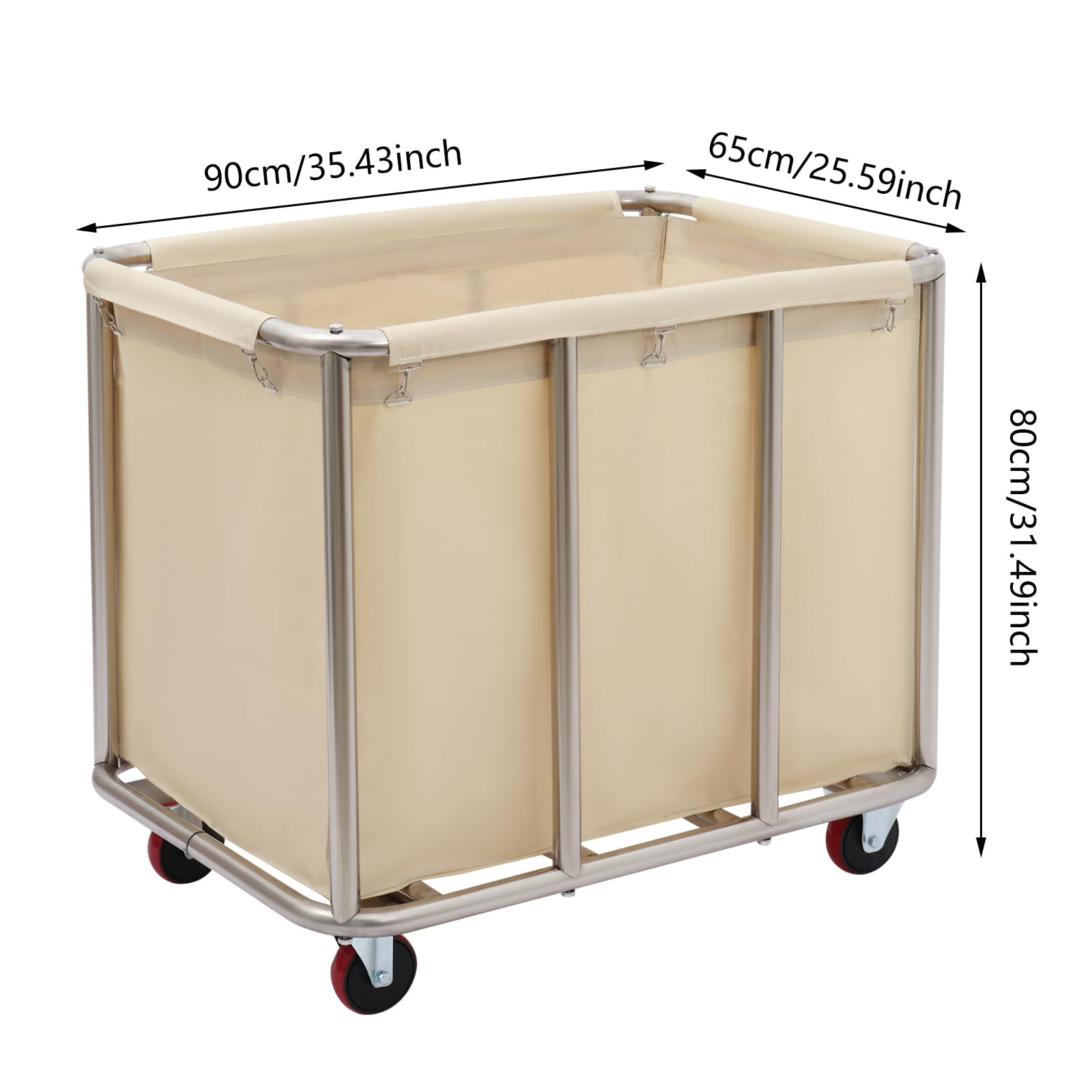 Portabiancheria grande con ruote, 90 x 65 x 80 cm, commerciale in acciaio inox, per la biancheria domestica, hotel, portata 60 kg