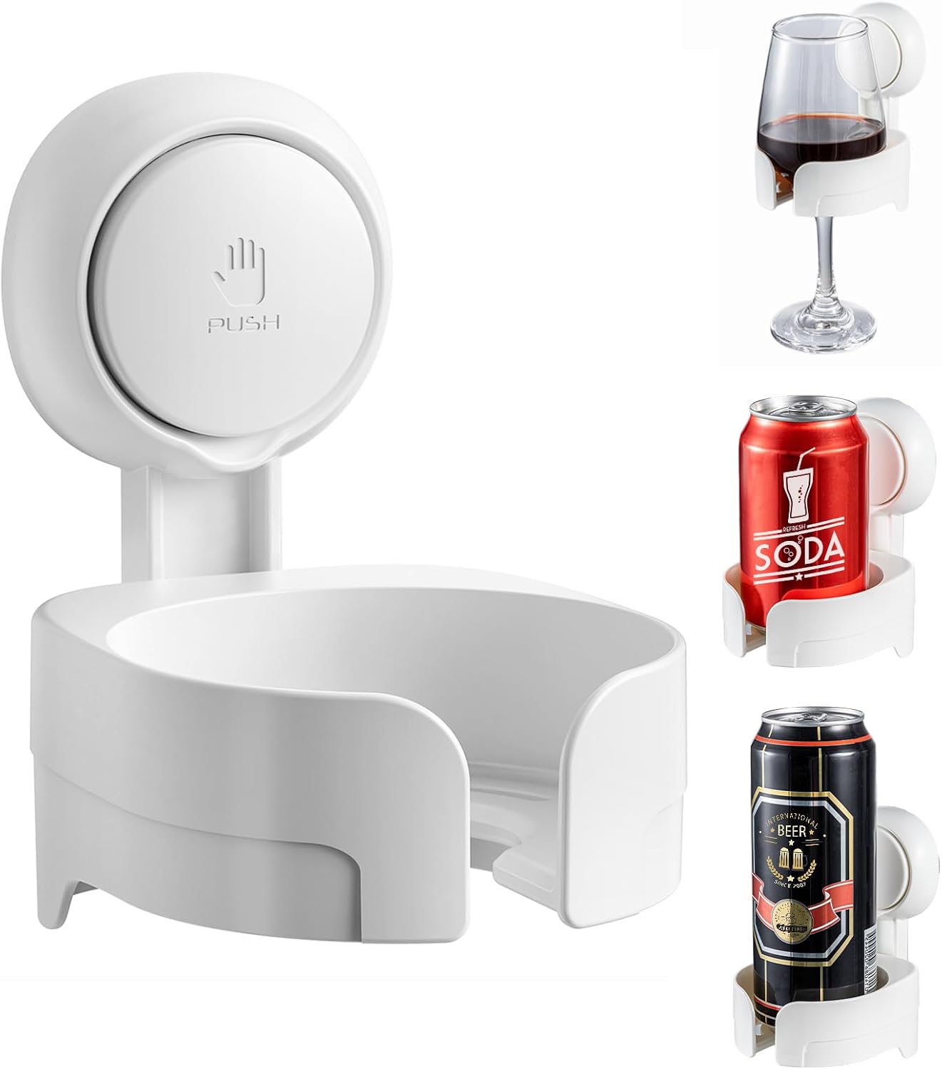 Suction Cup Shower Drink Holder for Beer, Wine, Waterproof Wine Holder for Shower, Removable Damage-Free Install, Fit Multi-Sizes Cups, White
