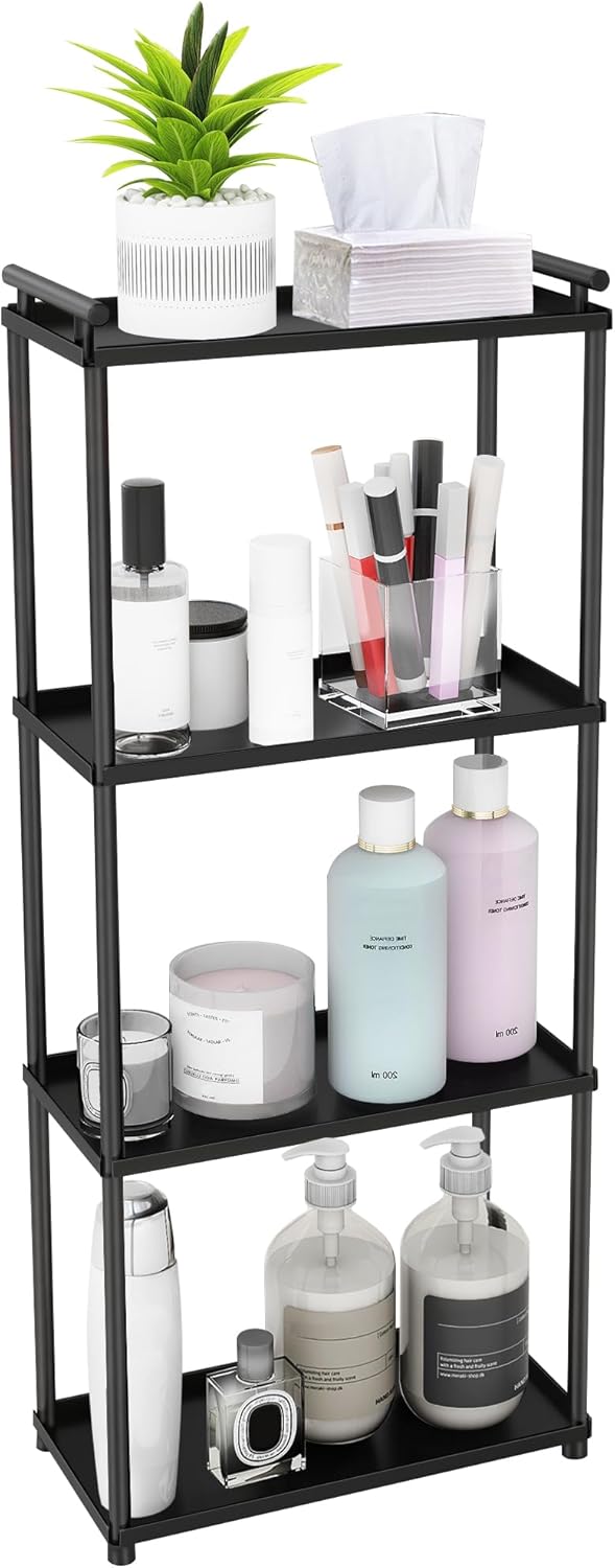 VOTZAAQ Matte Black 4 Tier Bathroom Organizer Countertop, Stainless Steel Perfume Tray and Vanity Countertop Shelf, Makeup Skin Care Bathroom Organizers and Storage for Dresser, Kitchen