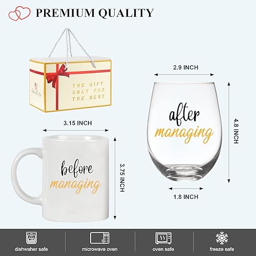 Miniatura 5 de Regalos para mujeres, antes de manejar, después de gestionar taza de café de 11 onzas y juego de copas de vino sin tallo de 18 onzas, regalos únicos