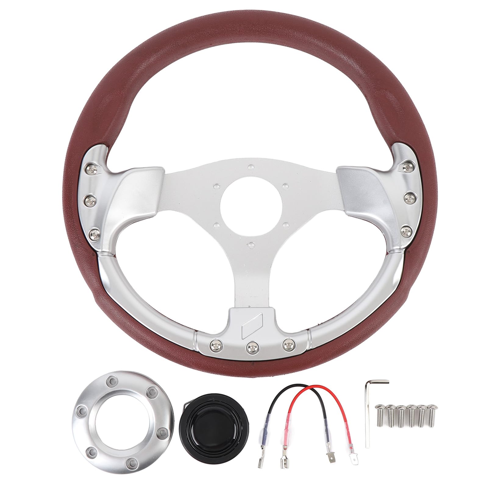 Volante 13 Pollici, Volante Stile in Pelle PU con Raggi in Alluminio, Volante Sportivo Universale per Auto a 6 Bulloni (SILVER)