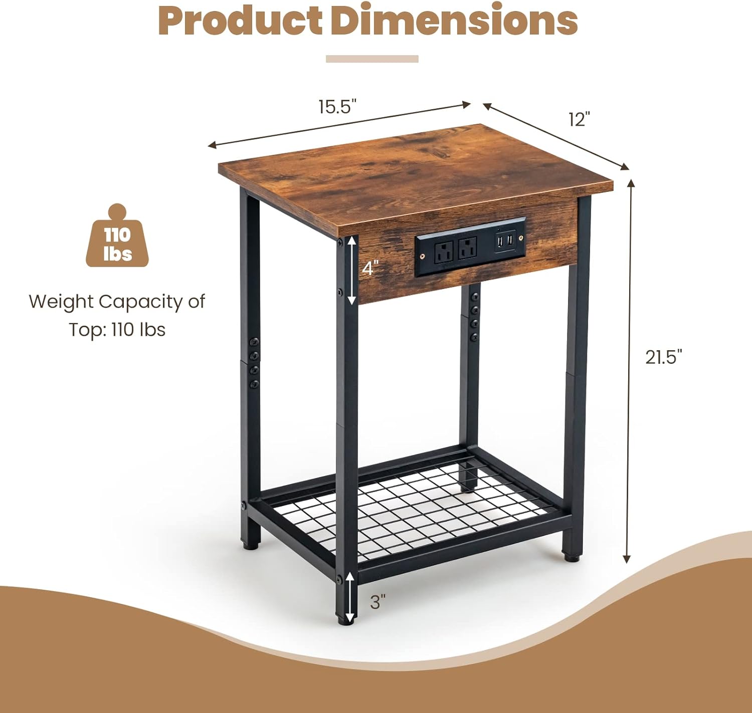Rustic Brown Industrial End Tables with Charging Station, Set of 2