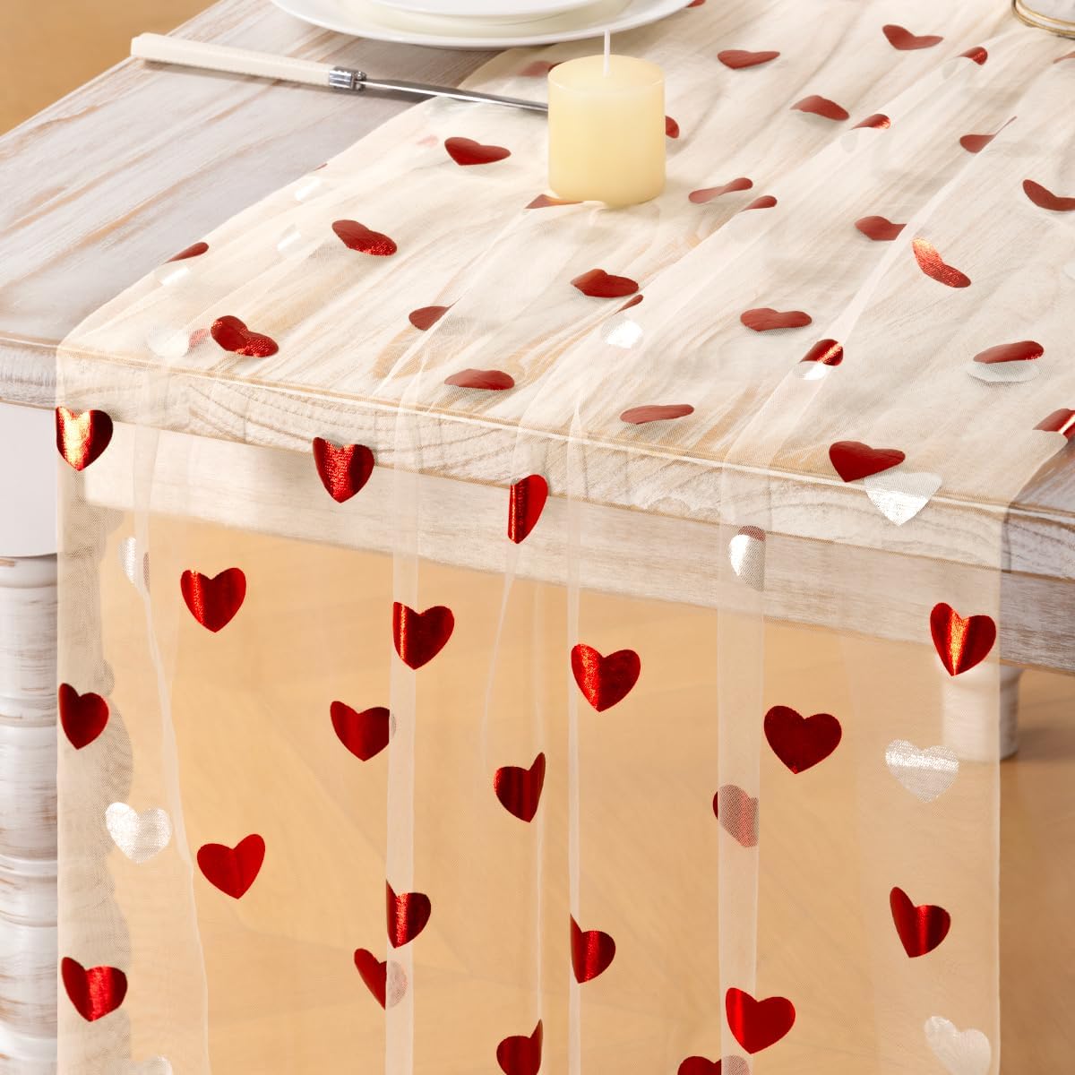 Valentine's Day Beige Gold Heart Sequin Table Runner Sheer Gauze Chiffon Cheesecloth 2 Piece Glitter Metallic Foil Table Runners 10FT for Weddings, Birthdays Party, Christmas & Every Glam Event