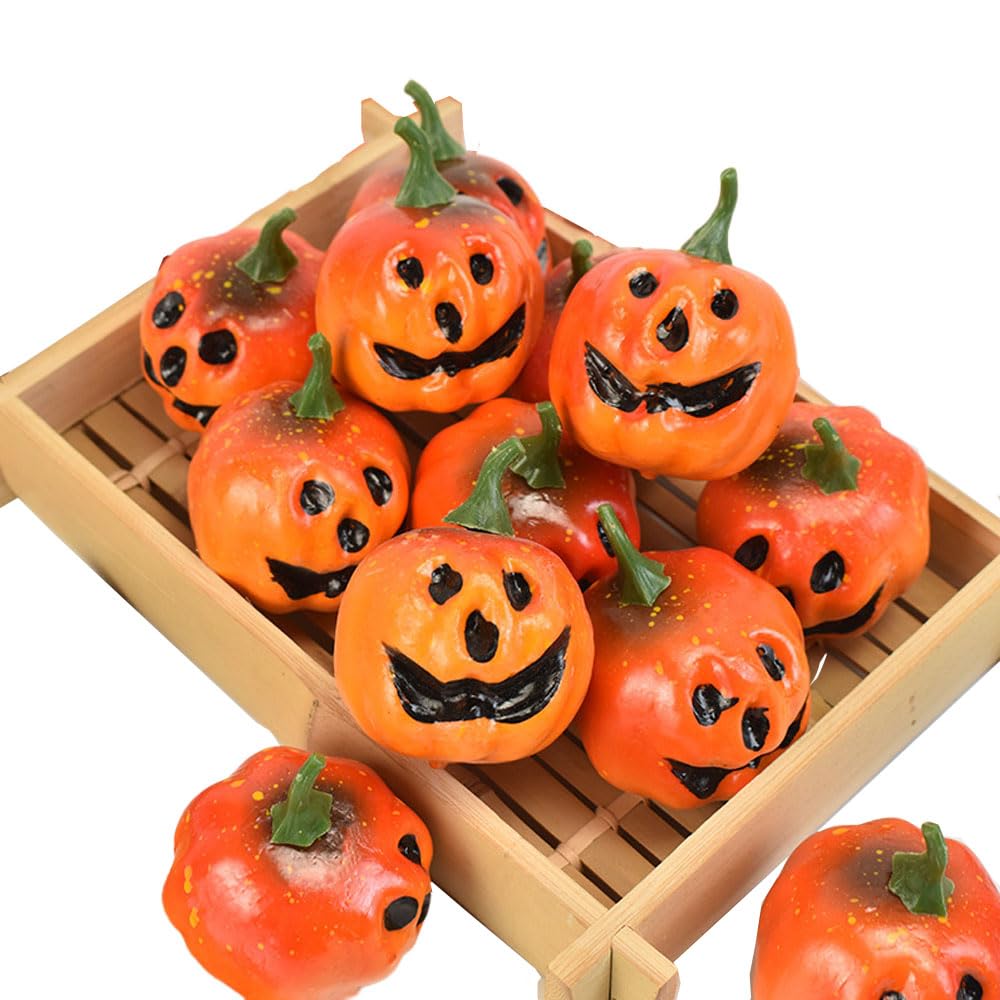 Goodern12 PCS Artificial Mini Pumpkins Decorations,Thanksgiving Simulation Smiley Pumpkin Decorations Fall Harvest Table Ornaments Halloween Creative Pumpkin Model Indoor Outdoor Prop Supplies-Orange