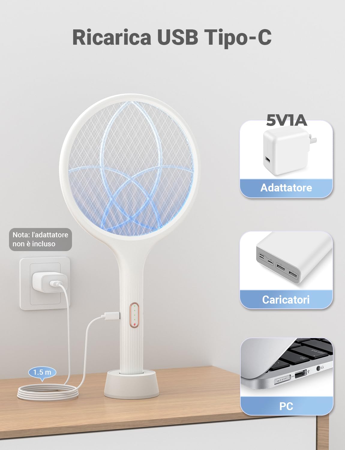 Racchetta Zanzare Elettrica 4000V 1500mAh Ricaricabile USB LED 2 in 1 Bianco
