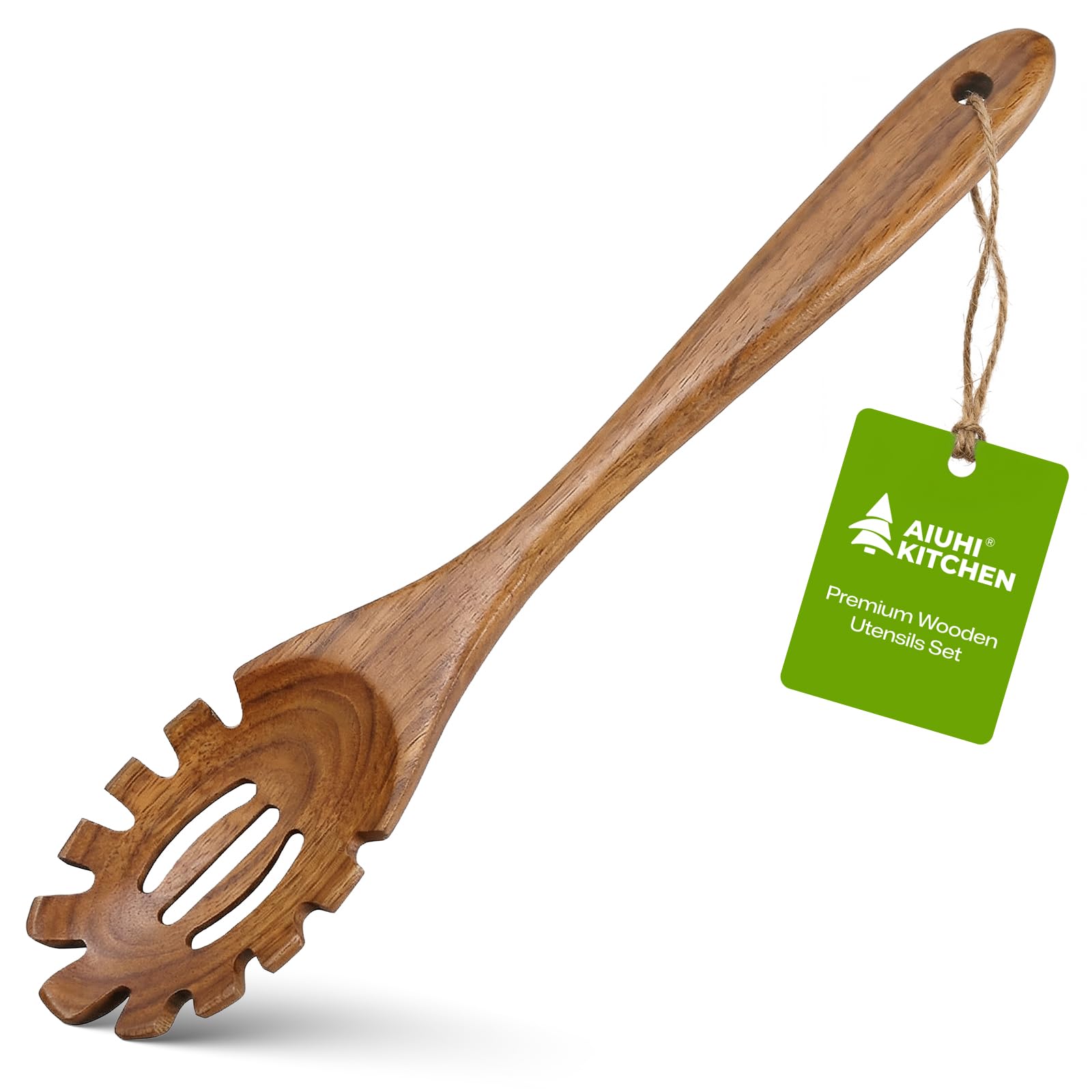 AIUHI Wooden Pasta Spoon with Teeth, Teak Wood Spaghetti Server with Hanging Hole, Non-Stick Safe Wooden Pasta Fork for Kitchen