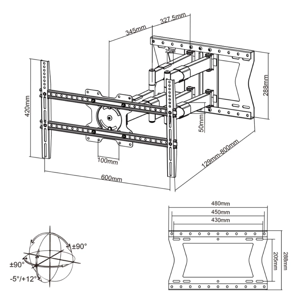 TiTon Double 80 cm TV-Wandhalterung, schwenken neigen rotierbar, 80kg VESA max.600x400