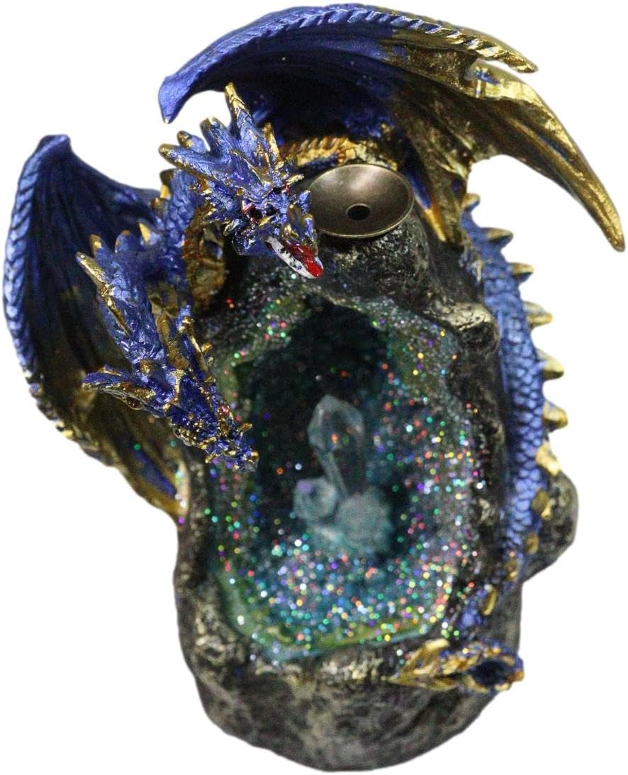 Ebros Gift Blue Azurite Quartz Dragon Climbing On Faux Geode Crystal Gemstone Quarry Mountain Cave Backflow Incense Burner Figurine 7" H