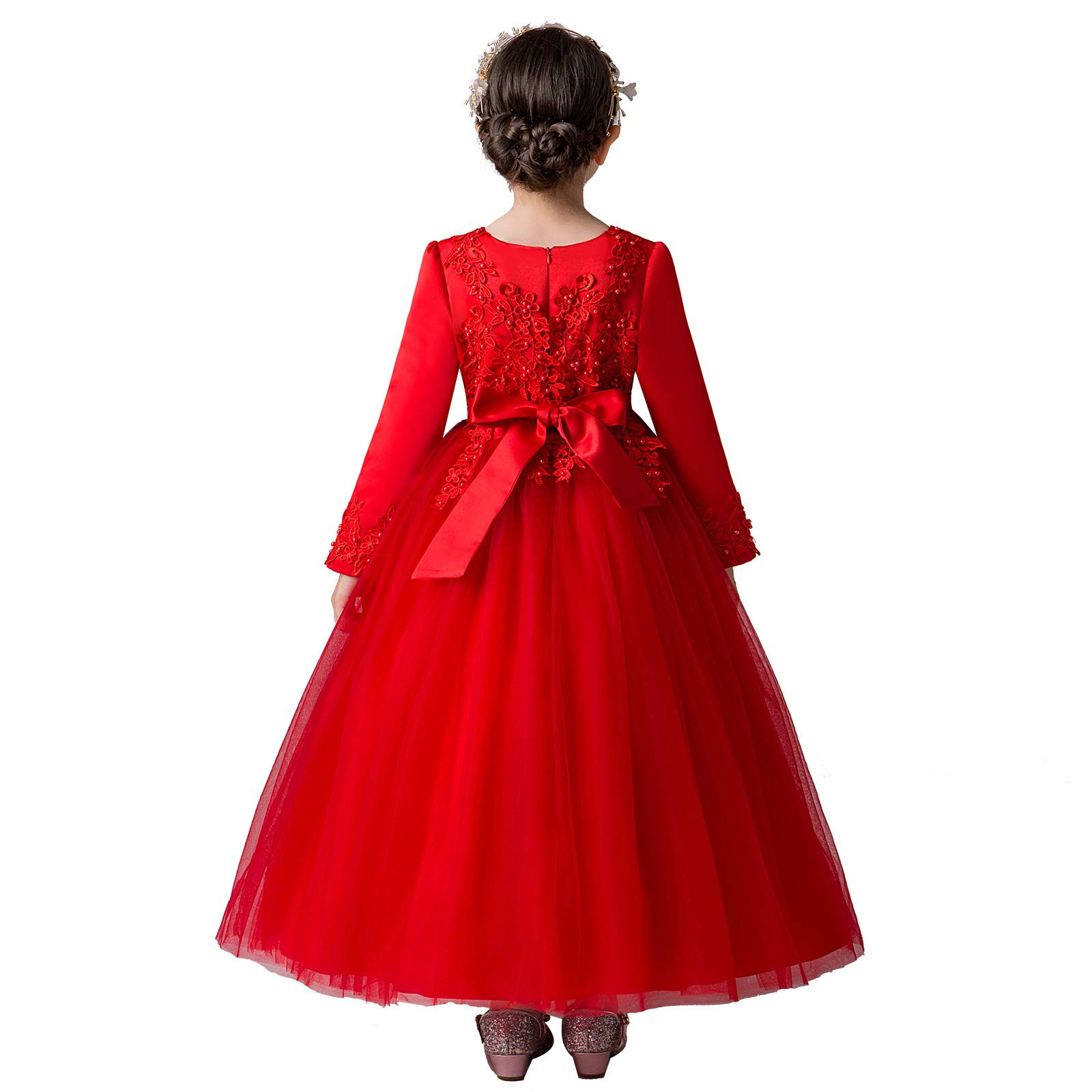 amropi Niñas Vestido de Princesa Fiesta Boda Flor Bordado Largo Manga Tul Vestidos + Corona 3-12 Años