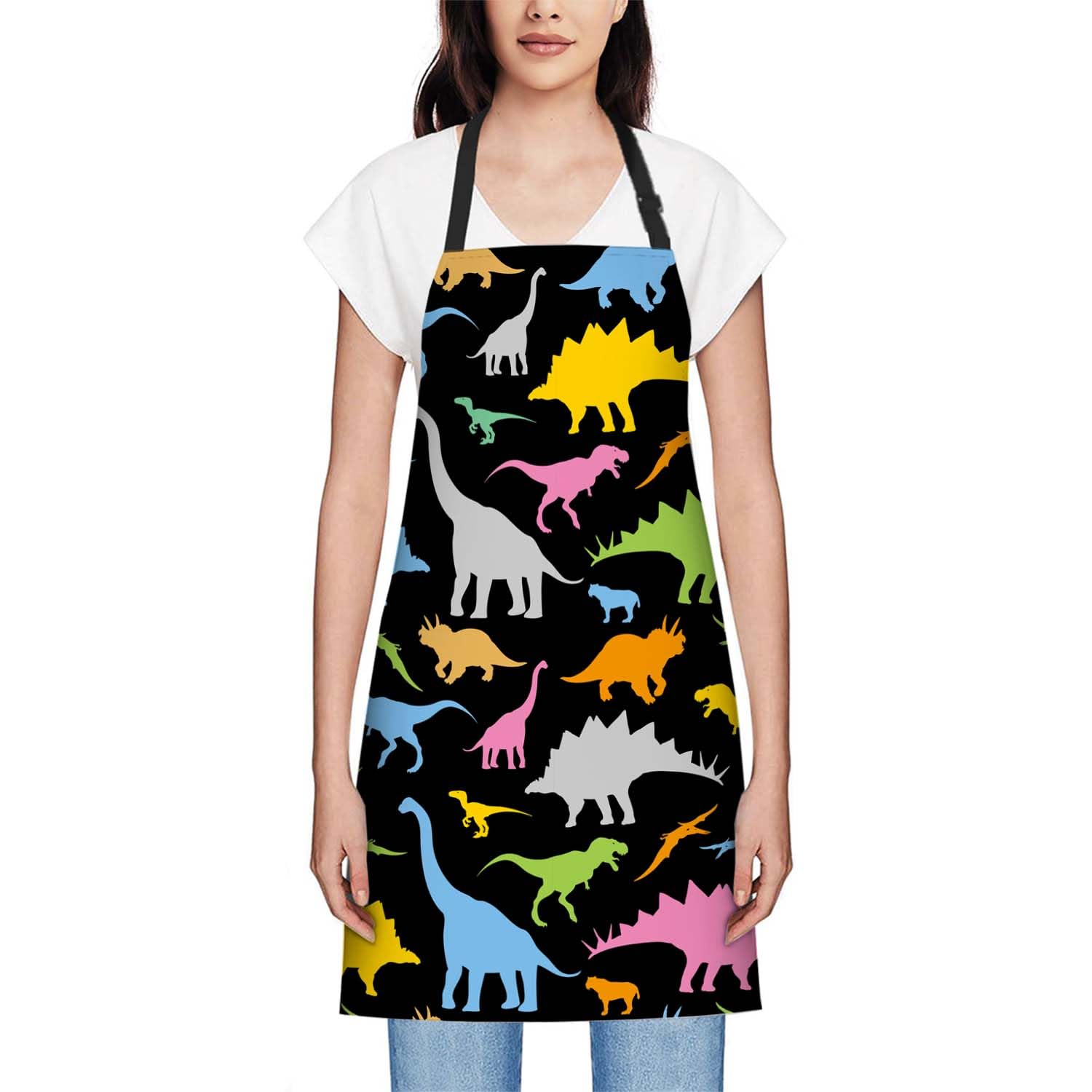 Smooffly Colorful Dinosaur Apron - Unisex Adjustable Bib Apron for Home Kitchen, Restaurant, Coffee House - Image 2