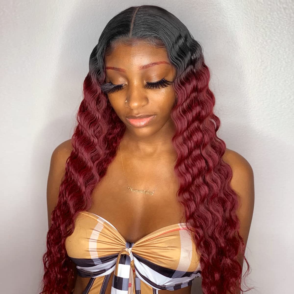 30 Inch Synthetic Curly Wig Ombre 99J Long Deep Wave Wig for Women Burgundy Curly Wigs Middle Part Natural Crimps Curls Lace Wig