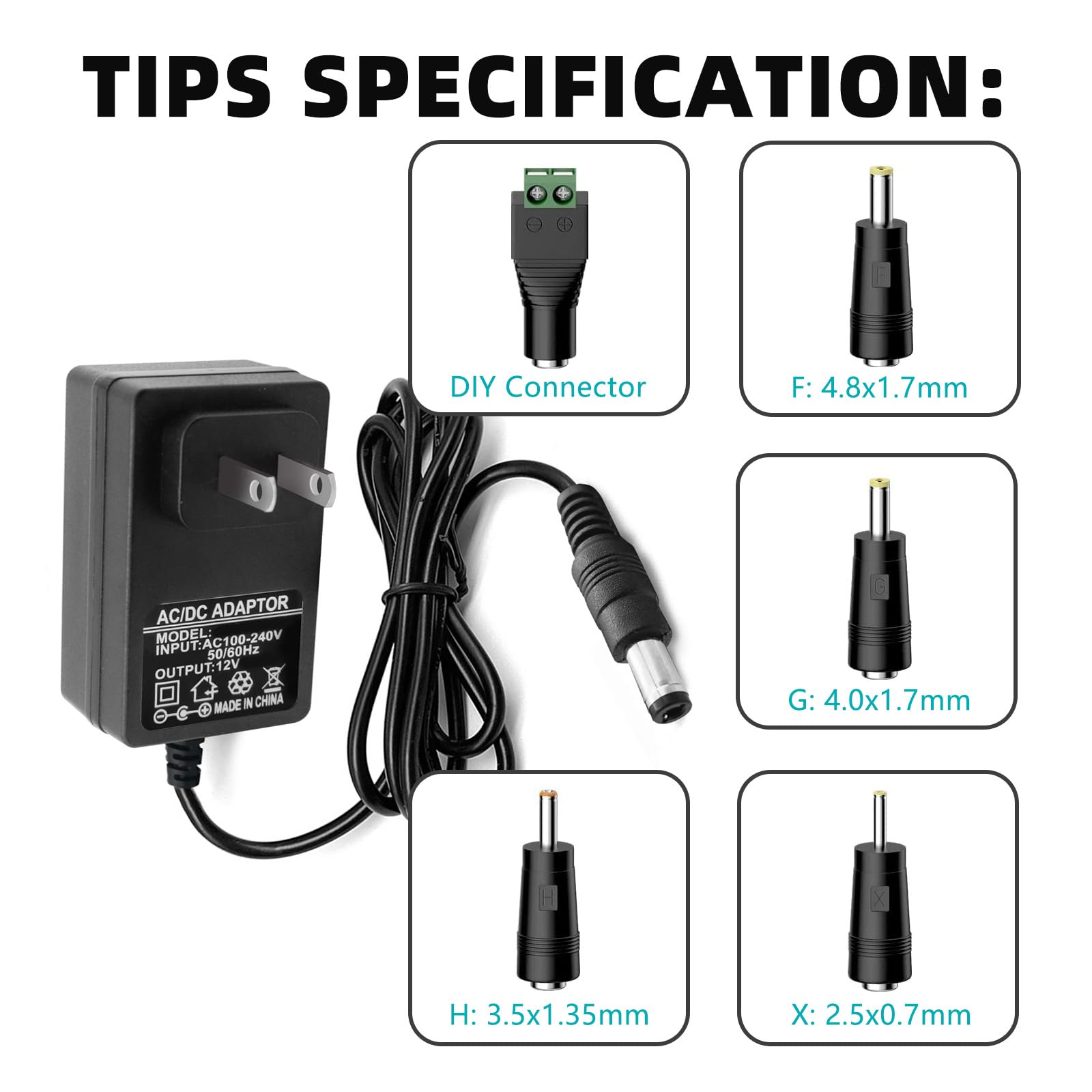 Fuente de alimentación de 12 V 3 A, adaptador de CA de repuesto con 5 puntas, regulado de 12 voltios, 3000 mA, cable cargador para tira de luz LED, cámara CCTV, monitor, GPS, cámara web, router