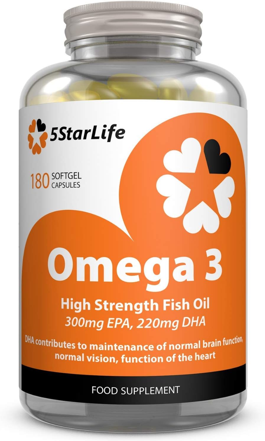5StarLife Omega 3 High Strength Fish Oil, 300mg EPA, 220mg DHA, 180 Capsule Softgels, 6 Months Supply, Made in The UK