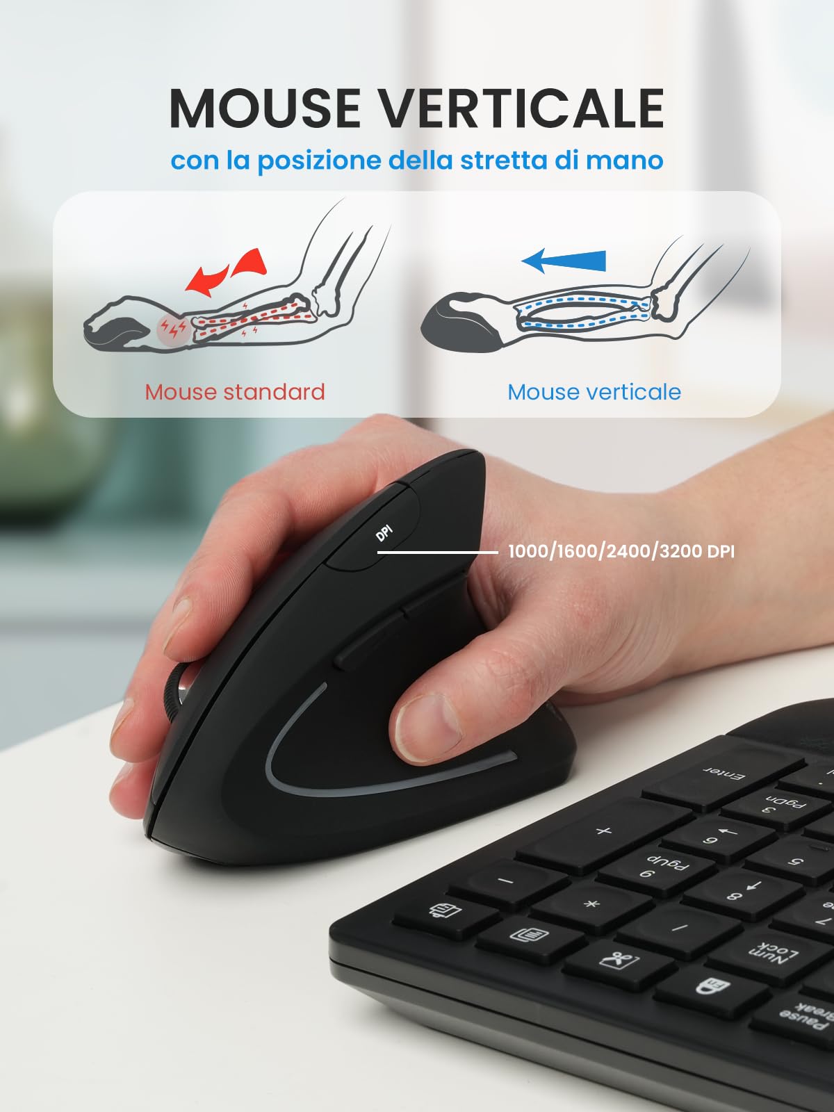 Perixx PERIDUO-614IT, Combo Ergonomico Wireless Silenzioso con Tastiera e Mouse Verticale – Poggiapolsi Regolabile – Tasti a Forbice X-Type stile Laptop – Ricaricabile – Layout IT