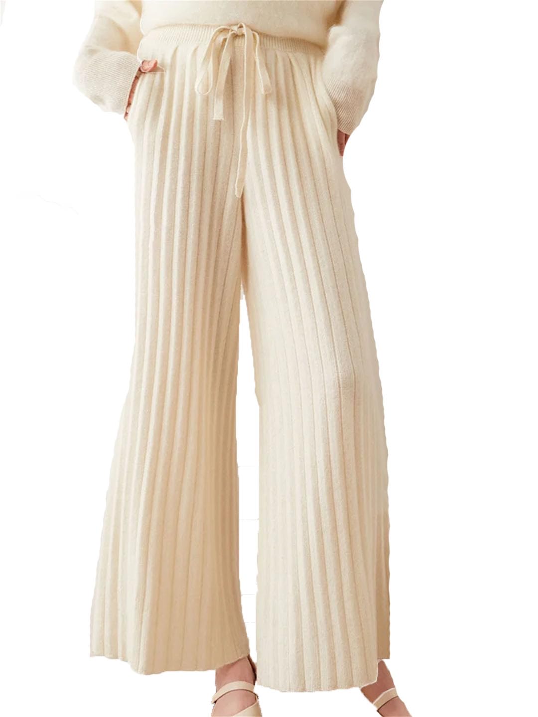 WomenS Solid Color Wide Leg Pants Elastic Waist Trousers Work Straight Knit Pants
