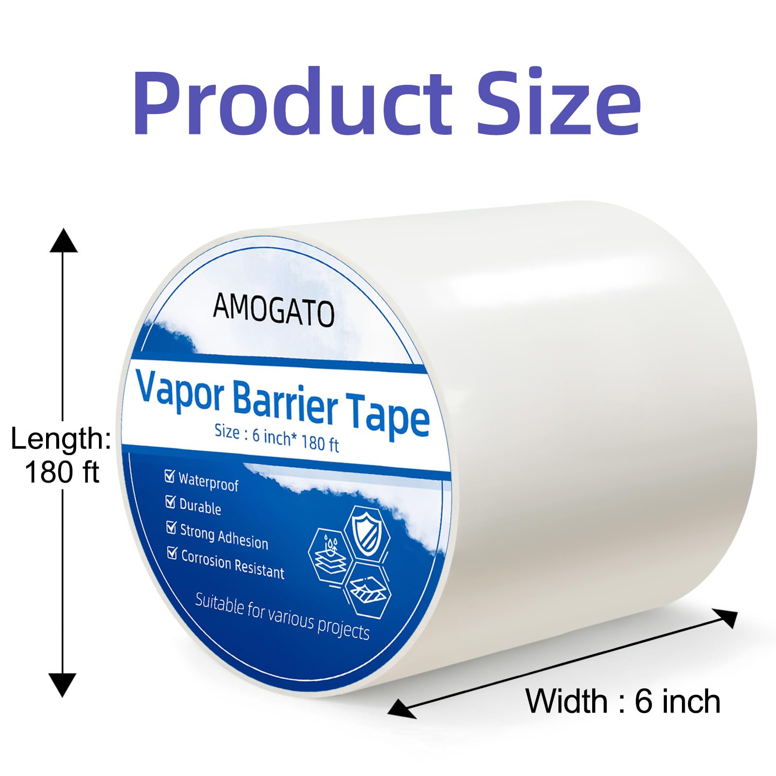 Cinta de barrera de vapor – 8 mil 6 pulgadas x 180 pies x 2 rollo, cinta de sellado resistente, cinta de costura súper pegajosa e impermeable para espacio de arrastre, sótano, suelo, tuberías