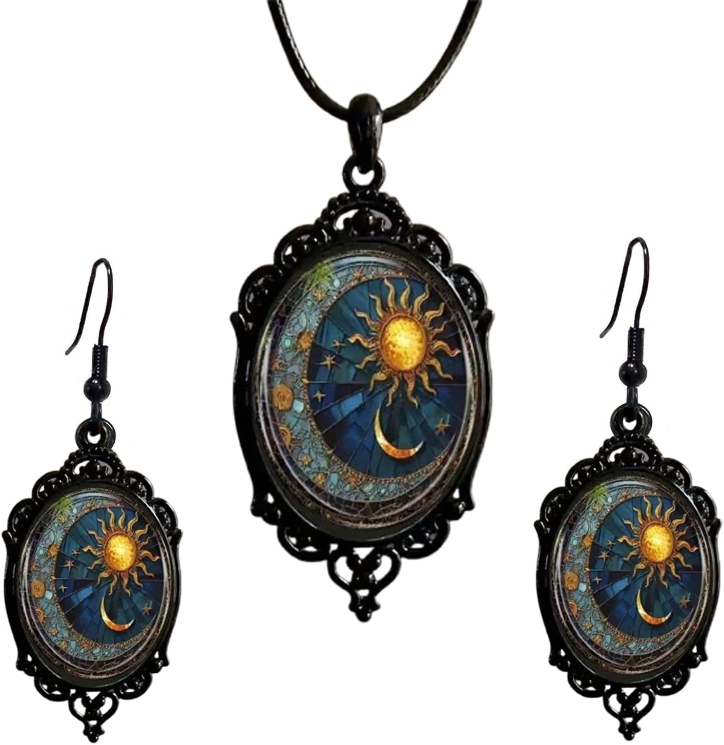 GYRMMUE Gothic Cameo Glass Earrings Necklace Set,Vintage Mystery Witch/Bat/Raven Earring Necklace Punk Style Vampire Satan Devil Jewelry Set Halloween Costume for Women