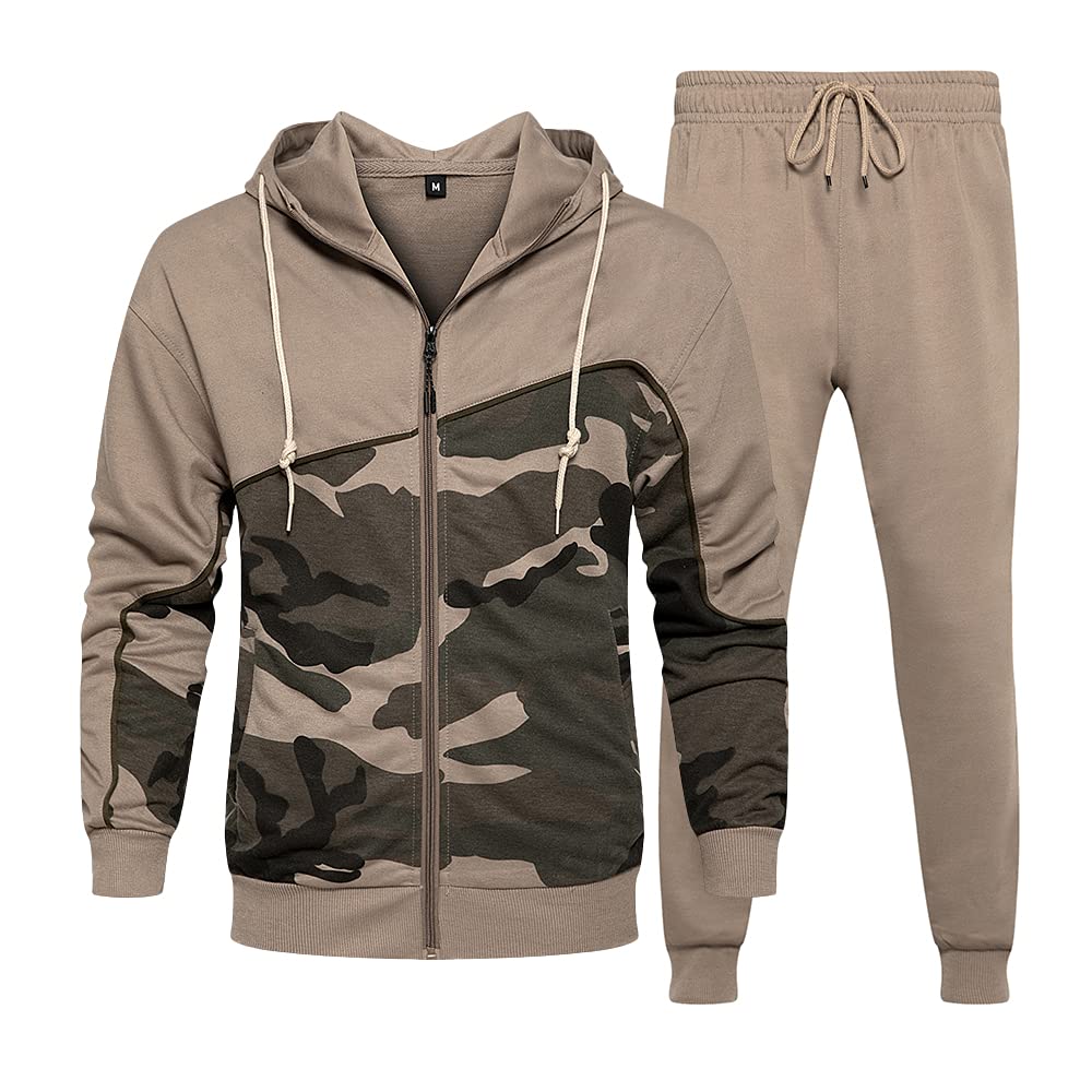 MANLUODANNIMen's Tracksuit Sets Camouflage Jogging Bottom Hoodie Top Gym Sweat Suit with Pockets