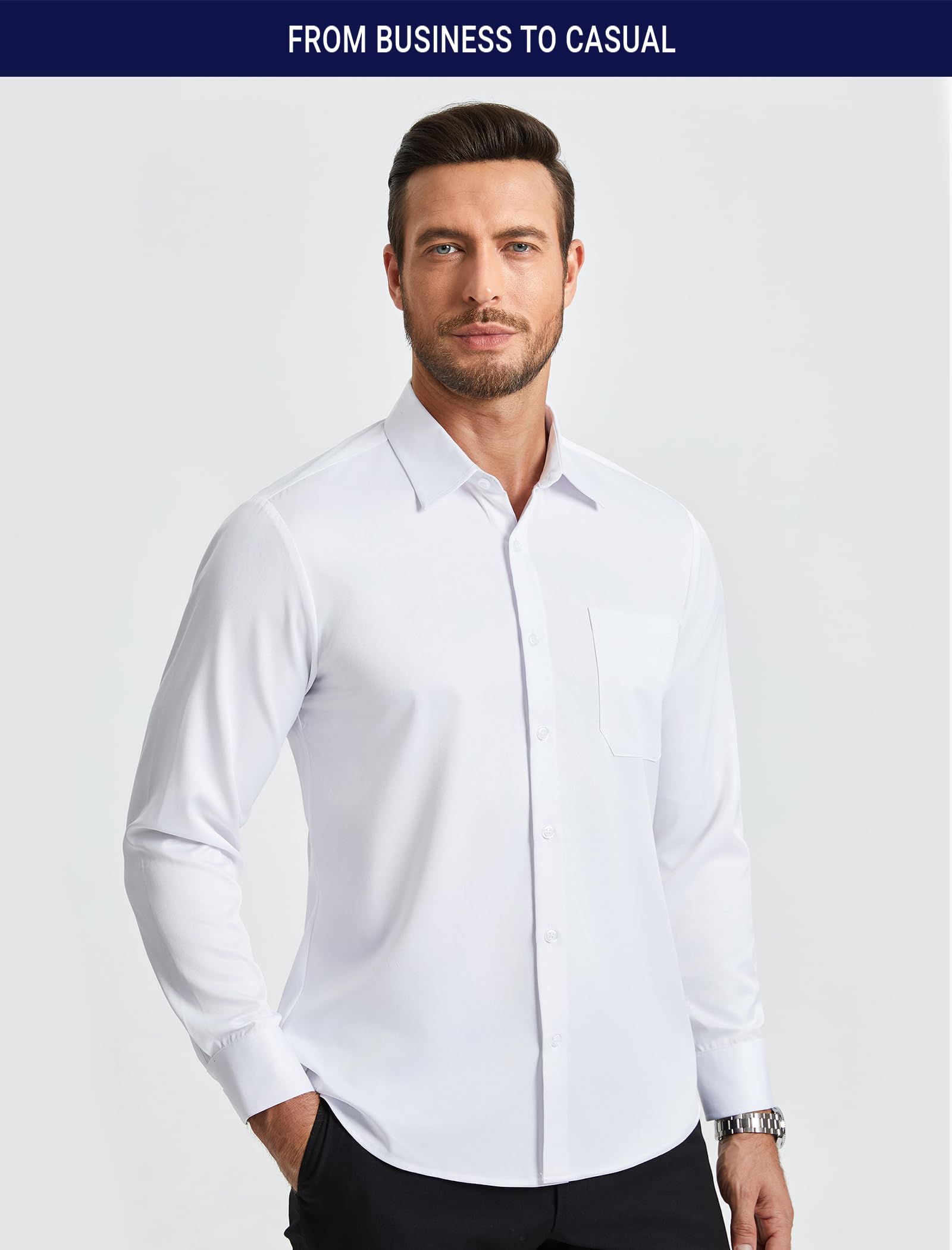 Enlision Camicia Uomo Maniche Lunghe Elasticizzata Non Stiro Antipiega Taglio Regolare con Bottoni e Tasca per Ufficio Cerimonia e Casual
