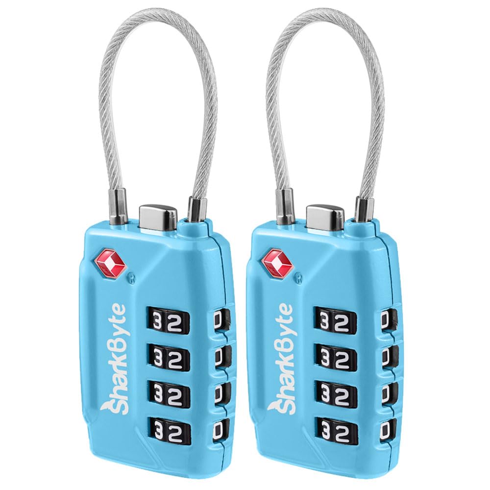 SharkByte TSA Approved Luggage Locks | Wire, 4-Digit Combo (10K Combinations) | Secure Suitcase & Gym Bags (2 Pack)