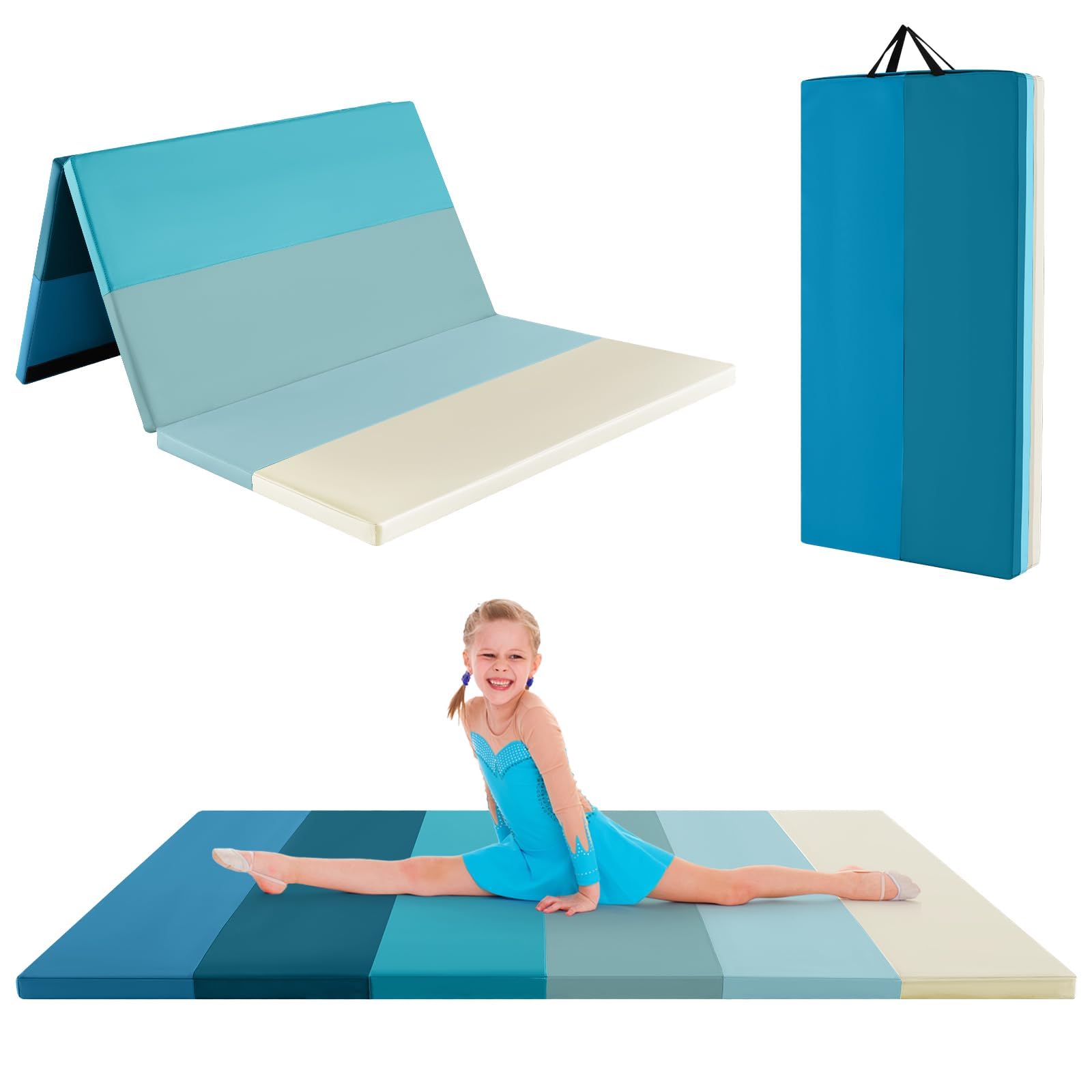 FANTASK Tapis de sport, de fitness, pliable en 5 positions, en polyuréthane, avec poignée de transport, pour enfants et adultes, 180 x 120 cm, bleu