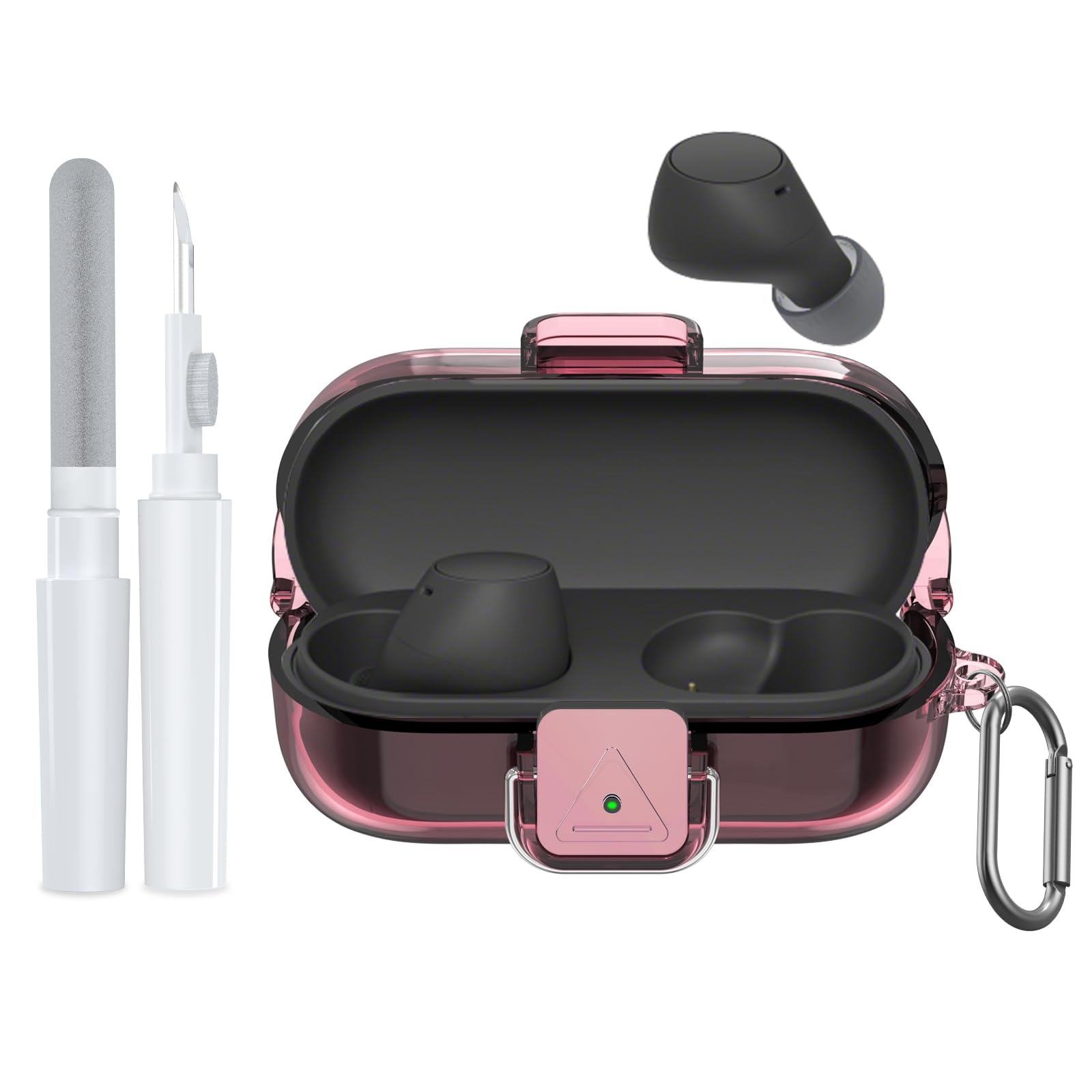 POZCIS [with Safety Lock] for Sony WF-C510 Case Cover, Clear Soft TPU Protective Earbuds Case with Carabiner & Cleaner Kit Accessories Set(Clear Pink)