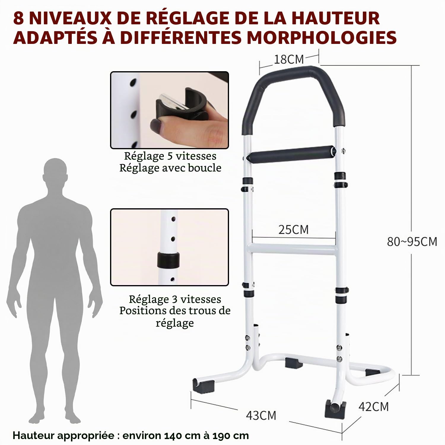 Aide au redressement pour Personnes âgées, Aide à la mobilité | avec pieds antidérapants, aide à la mobilité, aide au sol en forme de U, aide à la marche réglable en hauteur sur 8 niveaux