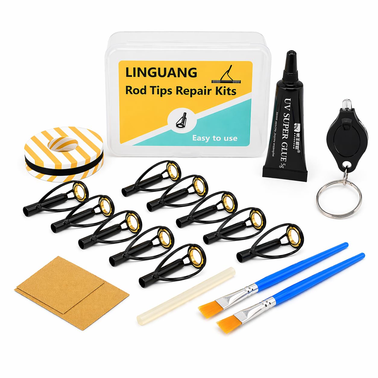 Fishing Rod Tip Repair Kits for Surf Casting Pole，Complete Supplies inchulde Uv Light and Gule, Stainless Steel Replacement Top Eyelets，Wrapping Thread